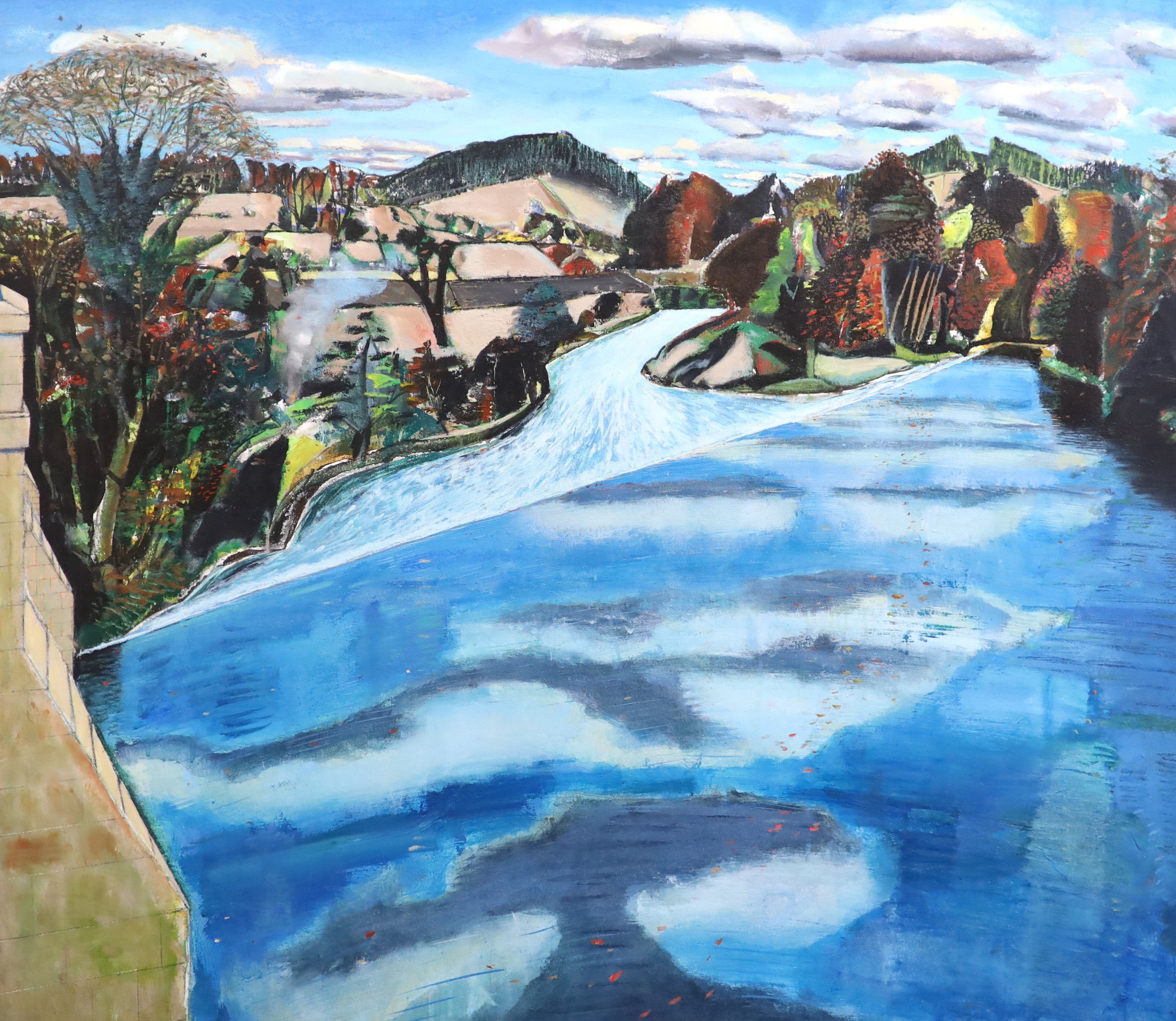 Keith Grant (b.1930), 'Chollerford Weir', 1980, Oil on canvas laid on board, 106 x 120cm.